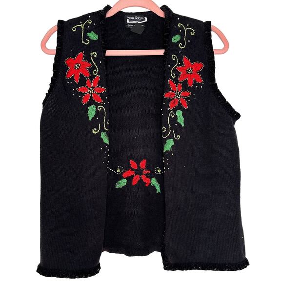 Studio Joy Vintage Christmas Sweater Vest with Poinsettias Embroidered - Picture 1 of 4
